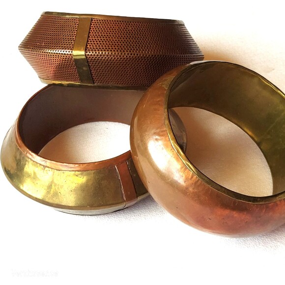 Vintage 1990s Bangle Bracelets Set Of 3 Copper Brass Metals - Picture 2 of 12